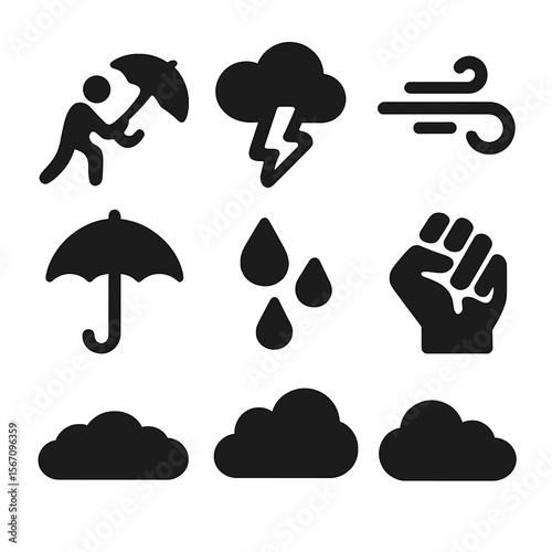 Weather Survival Icons. Solid, filled icon set of fighting through bad weather: person, storm cloud, lightning strike, wind,