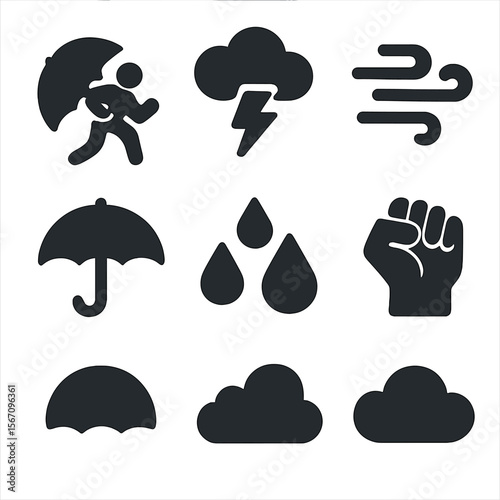 Weather Survival Icons. Solid, filled icon set of fighting through bad weather: person, storm cloud, lightning strike, wind,