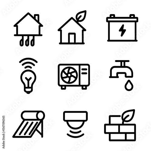 Sustainable Home Icons. Solid, filled icon set of sustainable home technologies: geothermal heating, green roof, energy storage