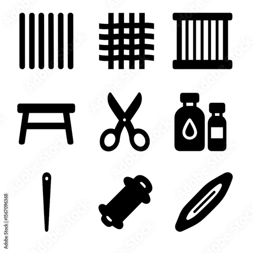 Weaving Tools Icons. Solid, filled icon set of weaving tools and materials: warp threads, weft threads, heddle, loom bench,