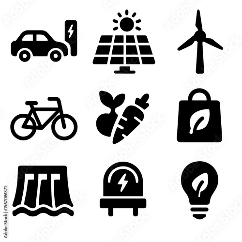 Sustainable Icons Grid. Solid, filled icon set of sustainable alternatives: electric car charging, solar farm, windmill, bike,