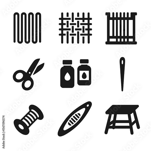 Weaving Tools Icons. Solid, filled icon set of weaving tools and materials: warp threads, weft threads, heddle, loom bench,
