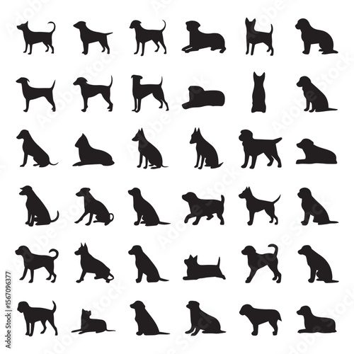 Collection of diverse dog breed silhouettes in various poses on a white background