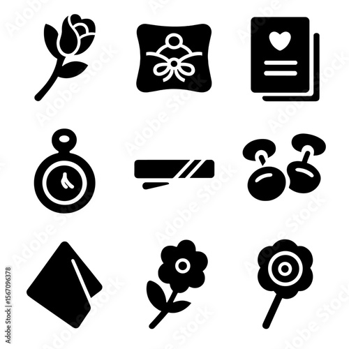 Wedding Accessories Icons. Solid, filled icon set of wedding day accessories: boutonniere, ring pillow, wedding invitation, pocket