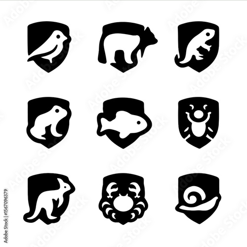 Protected Animal Icons. Solid, filled icon set of protected animals by category: bird, mammal, reptile, amphibian, fish, insect,