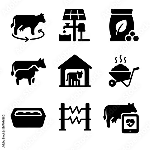 Sustainable Livestock Icons. Solid, filled icon set of sustainable livestock practices: rotational grazing, solar-powered water