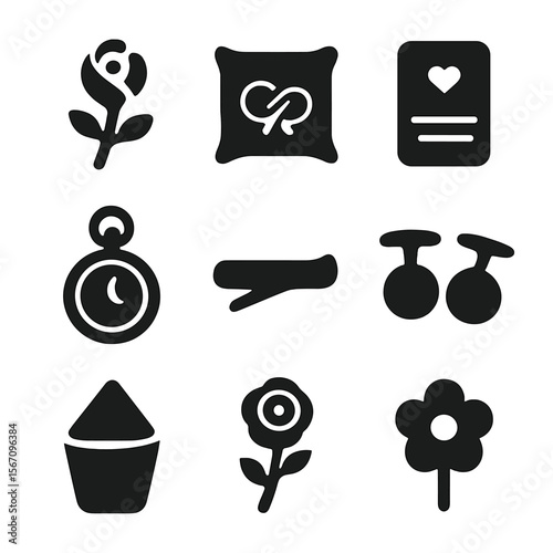 Wedding Accessories Icons. Solid, filled icon set of wedding day accessories: boutonniere, ring pillow, wedding invitation, pocket
