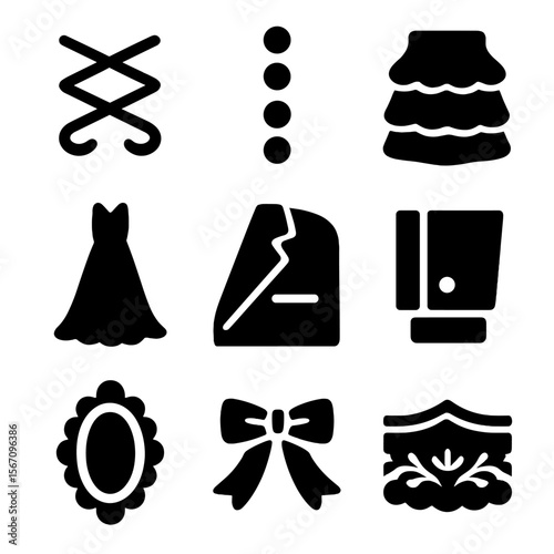 Wedding Icon Set. Solid, filled icon set of wedding costume details: corset lace, button row, ruffle skirt, gown train, jacket