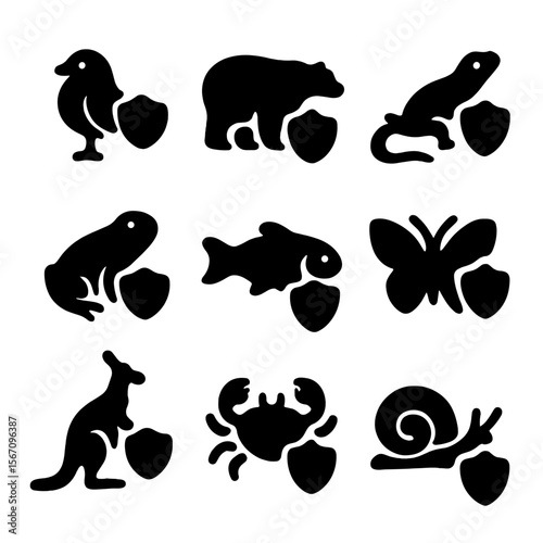Protected Animal Icons. Solid, filled icon set of protected animals by category: bird, mammal, reptile, amphibian, fish, insect,