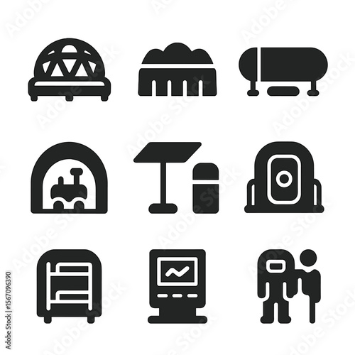 Lunar Base Icons. Solid, filled icons set of lunar base modules: lunar dome, regolith barrier, habitat tube,
