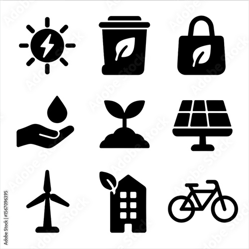 Sustainable Practices Icons. Solid, filled icon set of sustainability practices: renewable energy, compost bin, eco-friendly bag,