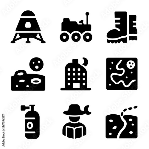 Lunar Travel Icons. Solid, filled icons set of lunar travel experience: moon lander, lunar rover, moon boots,