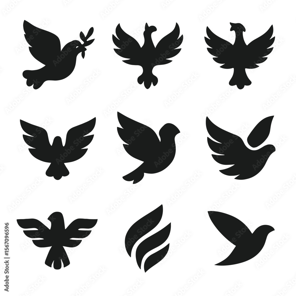 Fototapeta premium Symbolic Bird Icons. Solid, filled icon set of symbolic birds in flight: dove of peace, phoenix rise, mythical bird, freedom wing,