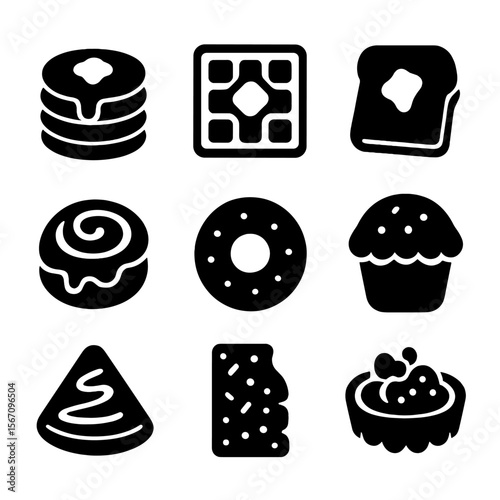 Sweet Breakfast Icons. Solid, filled icon set of sweet breakfast treats: pancakes, waffles, French toast, cinnamon roll, donut,