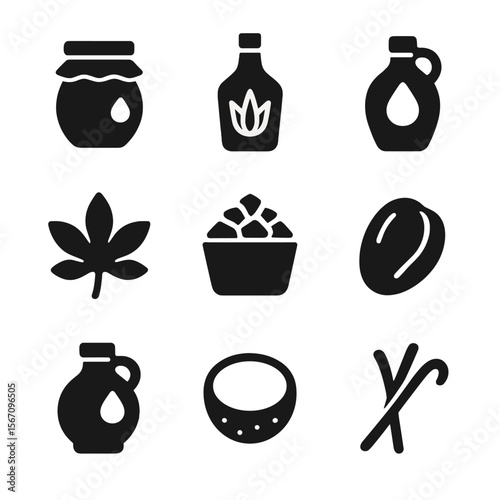 Sweetener Icon Grid. Solid, filled icon set of natural sweeteners for drinks: honey jar, agave bottle, maple syrup, stevia leaf,