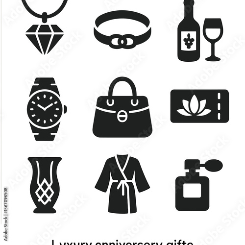 Luxury Gift Icons. Solid, filled icons set of luxury anniversary gifts: diamond pendant, gold bracelet, fine