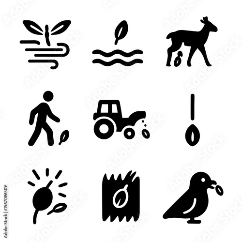 Weed Seed Dispersal Icons. Solid, filled icon set of weed seed dispersal methods: wind, water, animals, humans, machinery, gravity