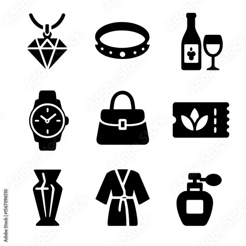 Luxury Gift Icons. Solid, filled icons set of luxury anniversary gifts: diamond pendant, gold bracelet, fine