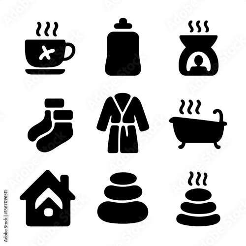 Wellness Icon Set. Solid, filled icon set of warmth and wellness: herbal tea, hot compress, essential oil warmer, aromatherapy