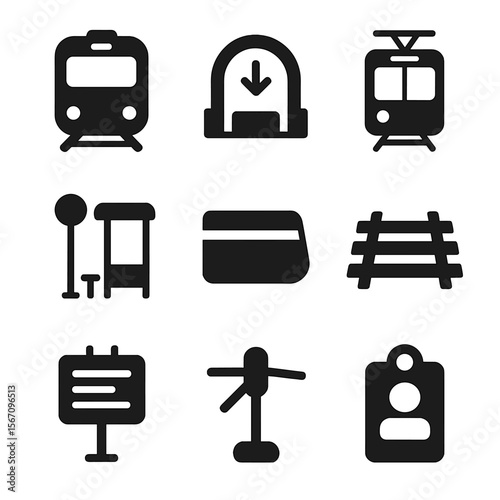 Public Transit Icons. Solid, filled icon set of public transit systems: metro train, subway entrance, tram, bus stop, transit card