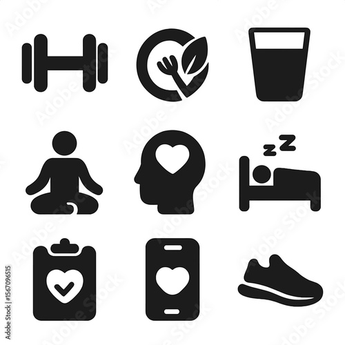 Wellness Program Icons. Solid, filled icon set of wellness programs: gym, healthy meal, water glass, meditation, mental health,