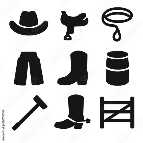 Western Riding Icons. Solid, filled icon set of western riding icons: cowboy hat, saddle horn, lasso, chaps, western boot, rodeo