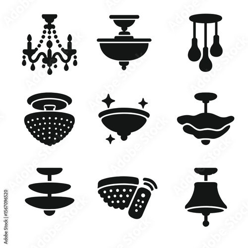 Luxury Lighting Icons. Solid, filled icons set of luxury ceiling light fixtures: crystal chandelier,