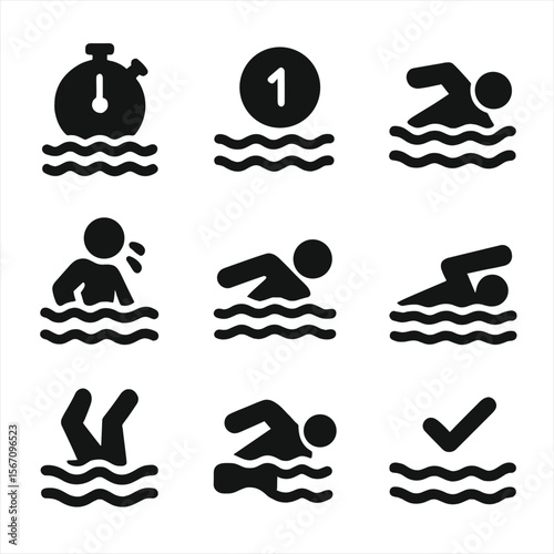 Swim Training Icons. Solid, filled icon set of swim training drills: interval training, lap counting, technique drill, breathing