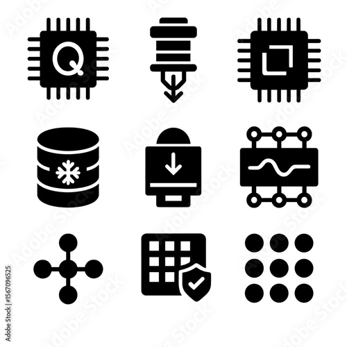 Quantum Hardware Icons. Solid, filled icon set of quantum computing hardware: quantum processor, cryogenic cooler, control chip,