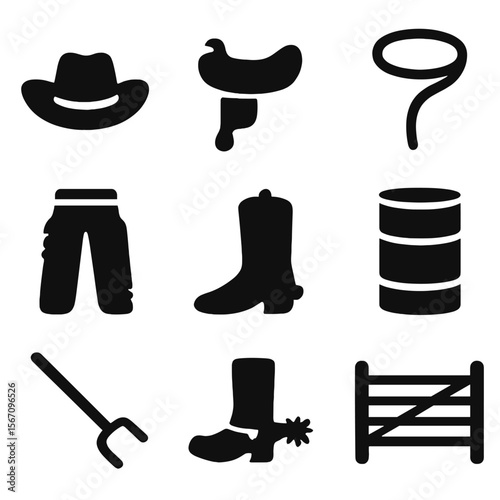 Western Riding Icons. Solid, filled icon set of western riding icons: cowboy hat, saddle horn, lasso, chaps, western boot, rodeo