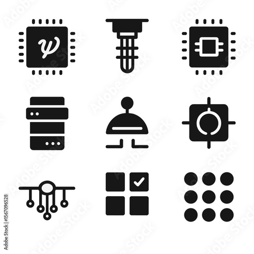 Quantum Hardware Icons. Solid, filled icon set of quantum computing hardware: quantum processor, cryogenic cooler, control chip,