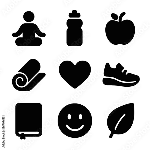 Wellness Icon Set. Solid, filled icon set of wellness and self-care: meditation pose, water bottle, apple, yoga mat, heart,