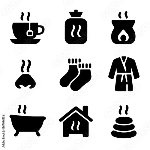 Wellness Icon Set. Solid, filled icon set of warmth and wellness: herbal tea, hot compress, essential oil warmer, aromatherapy