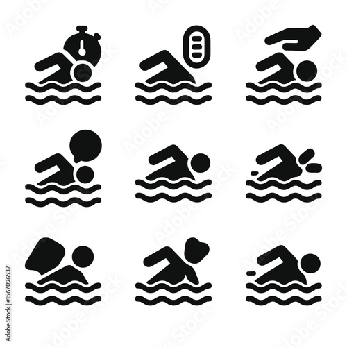 Swim Training Icons. Solid, filled icon set of swim training drills: interval training, lap counting, technique drill, breathing