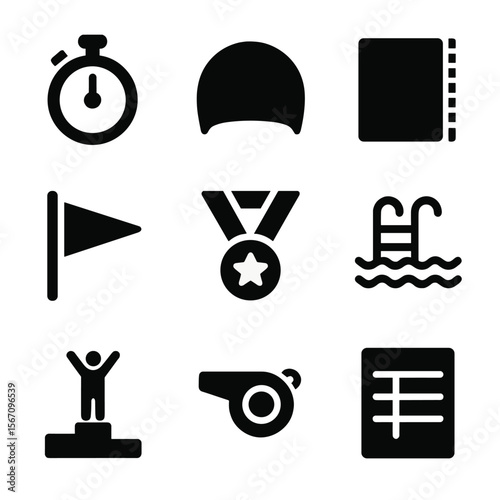 Swimming Icon Set. Solid, filled icon set of competitive swimming elements: stopwatch, swim cap, timing pad, race flag, medal,