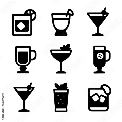Whiskey Drink Icons. Solid, filled icon set of whiskey-based signature drinks: old fashioned, whiskey sour, Manhattan, Irish