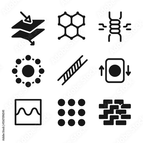 Quantum Material Icons. Solid, filled icon set of quantum materials: topological insulator, graphene sheet, superconducting wire,