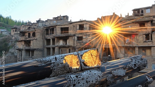 Abandoned Village at Sunset with Sunburst Over Old Buildings