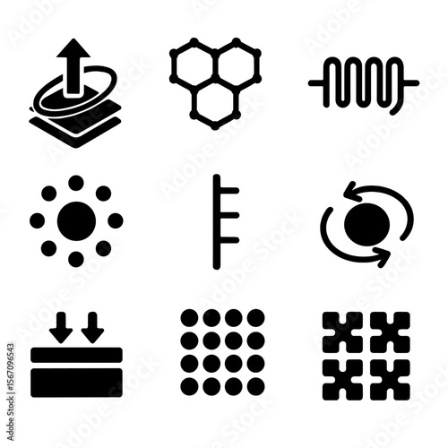 Quantum Material Icons. Solid, filled icon set of quantum materials: topological insulator, graphene sheet, superconducting wire,