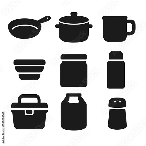 Wilderness Cooking Icon Set. Solid, filled icon set of wilderness cooking containers: cast iron pan, aluminum pot, enamel mug,