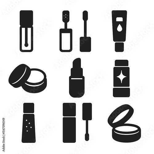Luxury Lip Gloss Icons. Solid, filled icons set of high-end lip gloss and balm containers: crystal-clear tube,