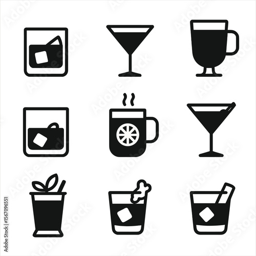Whiskey Drink Icons. Solid, filled icon set of whiskey-based signature drinks: old fashioned, whiskey sour, Manhattan, Irish
