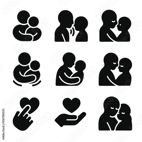 Quiet Bonding Icons. Solid, filled icon set of quiet bonding moments: snuggle icon, soft whisper, nose nuzzle, warm hold, rocking