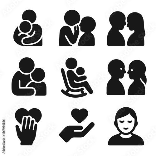Quiet Bonding Icons. Solid, filled icon set of quiet bonding moments: snuggle icon, soft whisper, nose nuzzle, warm hold, rocking