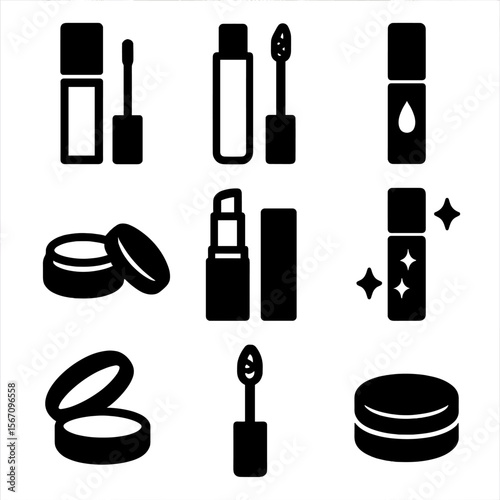 Luxury Lip Gloss Icons. Solid, filled icons set of high-end lip gloss and balm containers: crystal-clear tube,