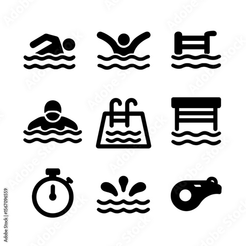 Swimming Event Icons. Solid, filled icon set of competitive swimming events: freestyle swimmer, butterfly stroke, backstroke
