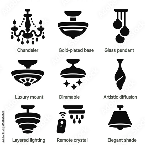 Luxury Lighting Icons. Solid, filled icons set of luxury ceiling light fixtures: crystal chandelier,