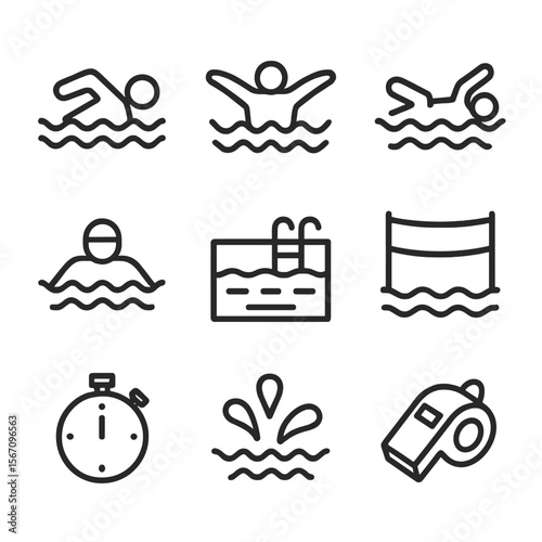 Swimming Event Icons. Solid, filled icon set of competitive swimming events: freestyle swimmer, butterfly stroke, backstroke