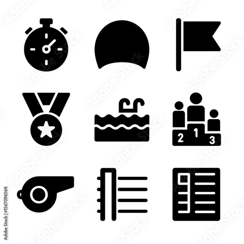 Swimming Icon Set. Solid, filled icon set of competitive swimming elements: stopwatch, swim cap, timing pad, race flag, medal,