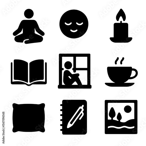 Quiet Reflection Icons. Solid, filled icon set of quiet reflection: meditating person, calm face, candle flame, open book, sitting
